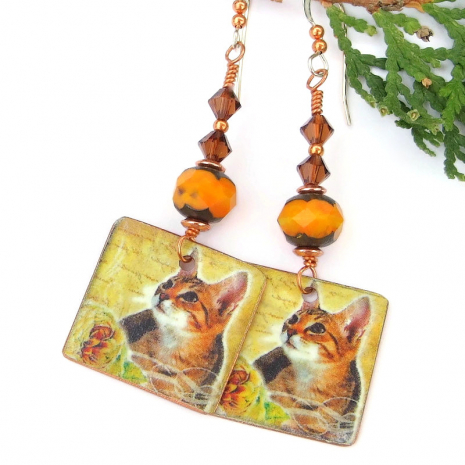 orange tabby cat kitty jewelry czech glass swarovski crystals