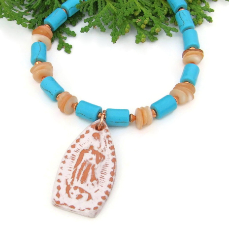 our lady of guadalupe religious jewelry handmade southwest terracotta turquoise