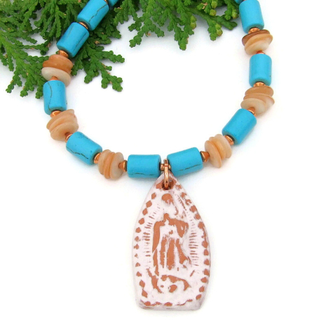 our lady of guadalupe religious necklace handmade southwest terracotta turquoise