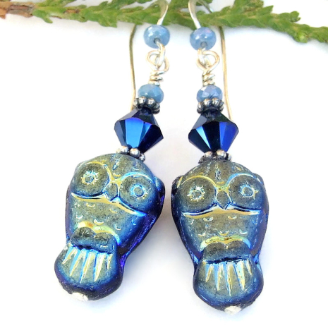 owl earrings handmade metallic aurora borealis matte black Swarovski crystals