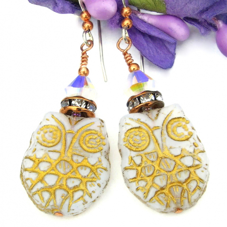 owl earrings opalized white gold crystals