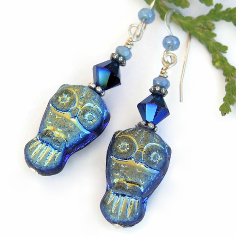 owl jewelry handmade metallic aurora borealis matte black Swarovski crystals