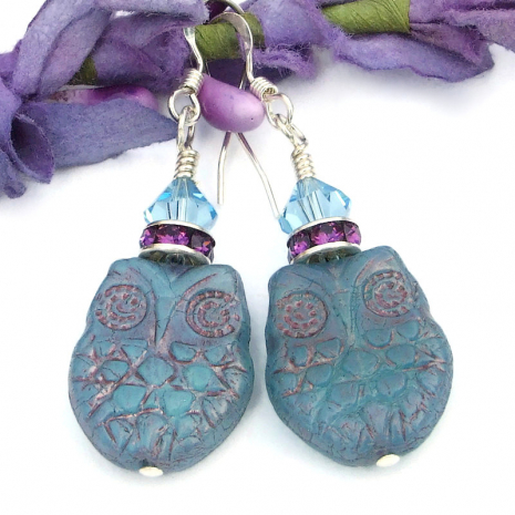 owl lover handmade jewelry swarovski crystals czech glass blue purple