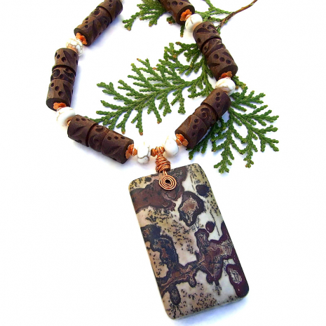 paintbrush jasper necklace with wood and magnesite gemstones