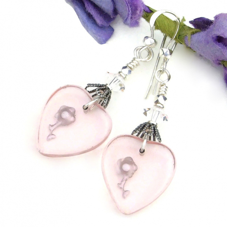pale pink heart earrings vintage intaglio glass silver roses handmade jewelry