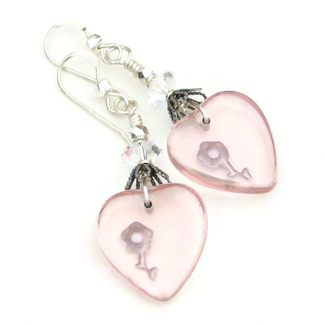 pale pink hearts flowers handmade earrings vintage Valentines gift for her