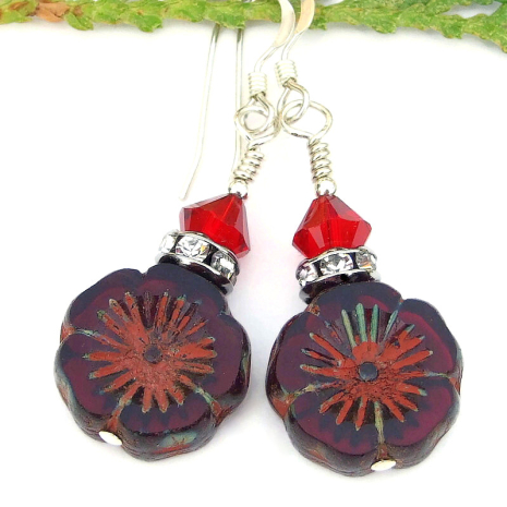 pansy hibiscus flower red jewelry handmade Swarovski crystals