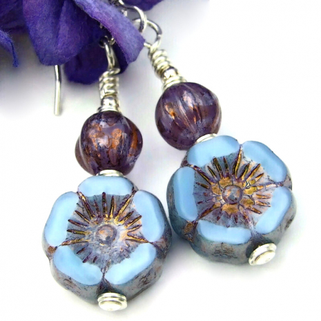 pansy pansies handmade dangle earrings sky blue purple sterling