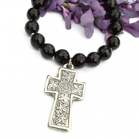 passion flower ivy celtic cross handmade necklace black onyx christian gift