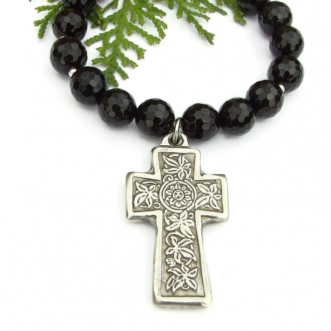 passion flower ivy celtic cross jewelry black onyx handmade christian gift