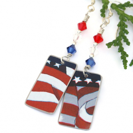 patriotic flag handmade earrings 4th of July upcycled tin dangles