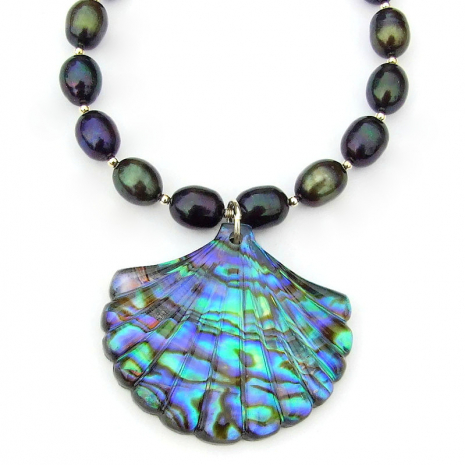 paua shell pendant necklace pearls gift for her