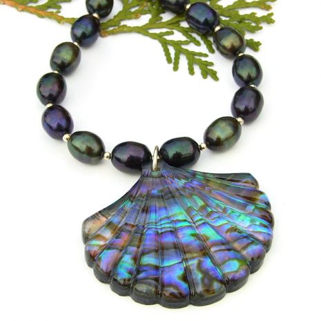 paua shell resin pendant necklace peacock pearls sterling silver