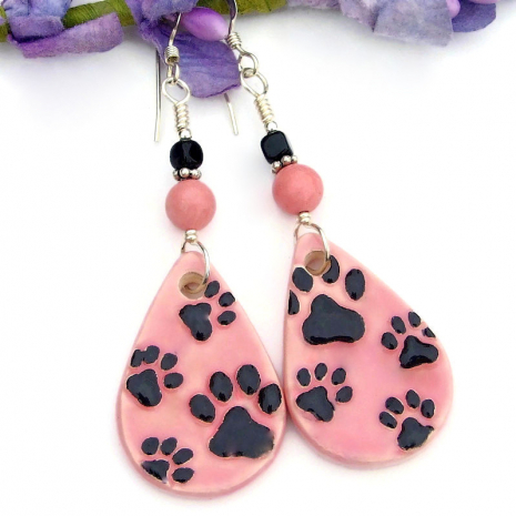 paw print dog lover earrings handmade ceramic pink black