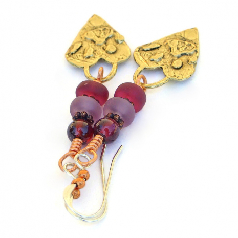 paw print hearts jewelry rustic gold bronze czech glass red garnet
