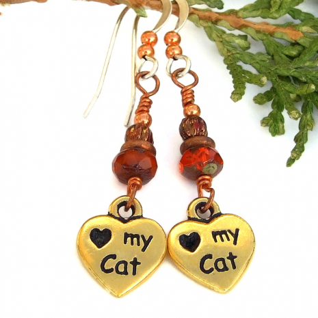 pawprints love my cat heart earrings orange czech glass