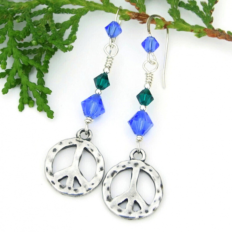 peace sign dangle earrings blue green Swarovski crystals