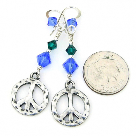 peace sign jewelry blue green swarovski crystals gift for her