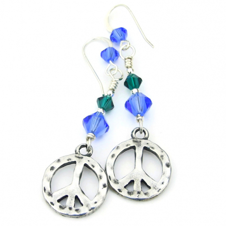 peace sign pewter sterling silver earrings swarovski crystals