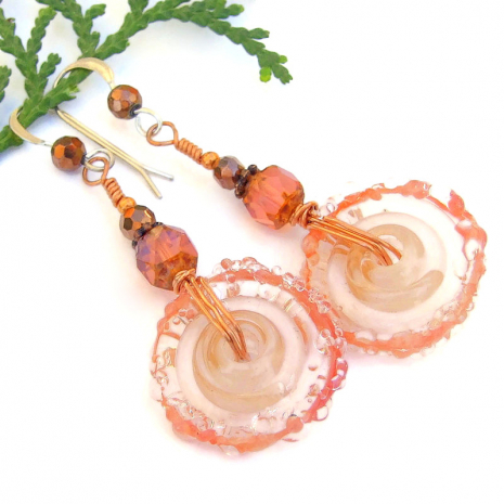 peach lampwork glass wheel earrings handmade boho disc jewelry