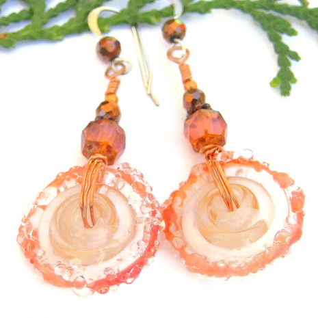 peach lampwork glass wheel jewelry handmade boho disc earrings