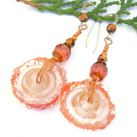 peach lampwork wheel disc boho jewelry handmade earrings copper glass