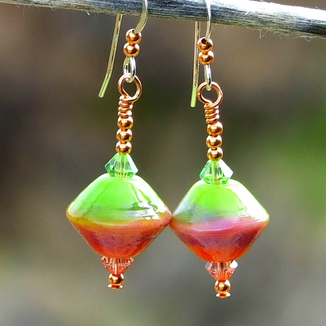peach lime green handmade lampwork dangle earrings crystals