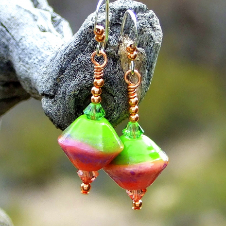 peach lime green handmade lampwork dangle jewelry crystals