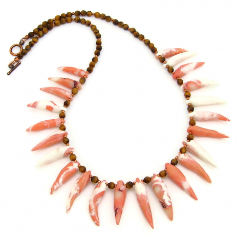 peack pink white coral spikes tigers eye jewelry gift for her