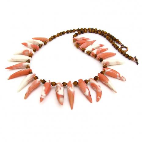 peack pink white coral spikes tigers eye necklace gift for her