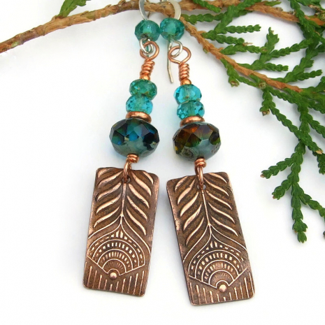 peacock feathers earrings art deco copper aqua