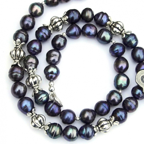 peacock pearl necklace with pewter lantern beads