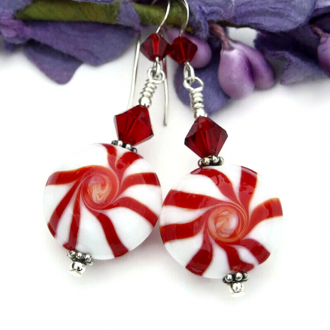 peppermint candy lampwork handmade jewelry with Swarovski crystals