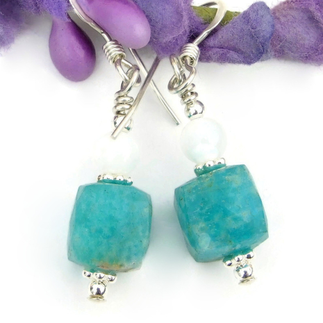petite amazonite mother of pearl gemstone jewelry handmade sterling silver