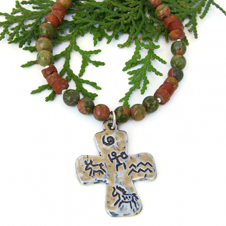 petroglyph cross pendant jewelry unakite bauxite pipestone