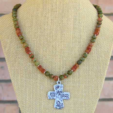 petroglyph cross pendant necklace unakite bauxite pipestone