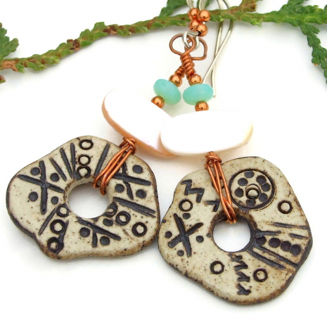 petroglyph handmade earrings ceramic boho rustic mother of pearl