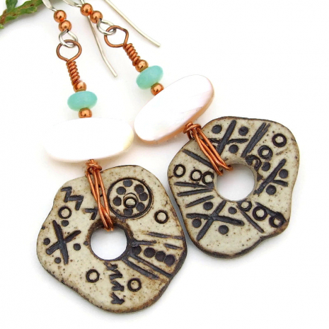 petroglyph handmade jewelry ceramic boho rustic mother of pearl