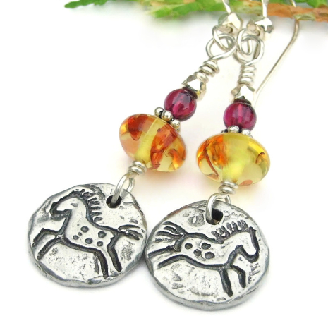 petroglyph running horses earrings suns handmade amber garnet horse lover
