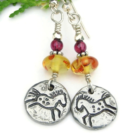 petroglyph running horses jewelry suns handmade amber garnet horse lover