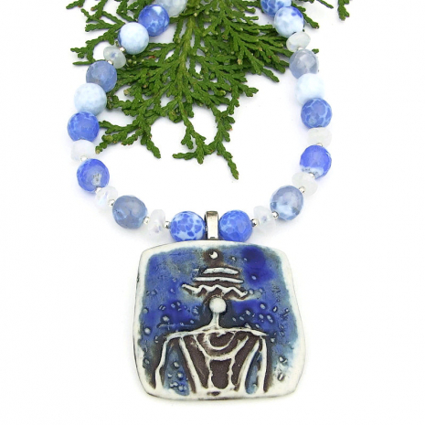 petroglyph space alien stars necklace blue fire agate moonstone gemstones