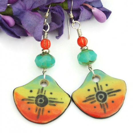 petroglyph sun ceramic earrings handmade