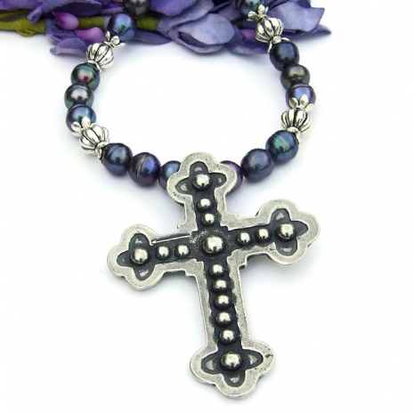 pewter budded cross necklace with peacock pearls gift for women