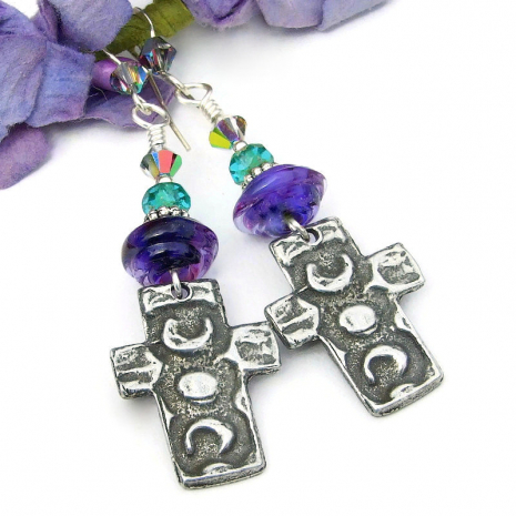 pewter crosses moon religious earrings handmade purple lampwork swarovski