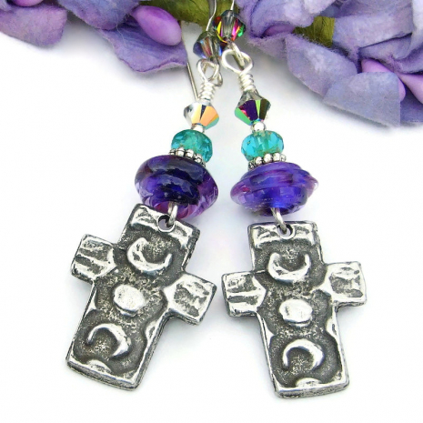 pewter crosses moon religious jewelry handmade purple lampwork swarovski