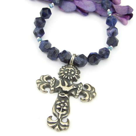 pewter earth cross jewelry star faceted sodalite gemstones necklace gift