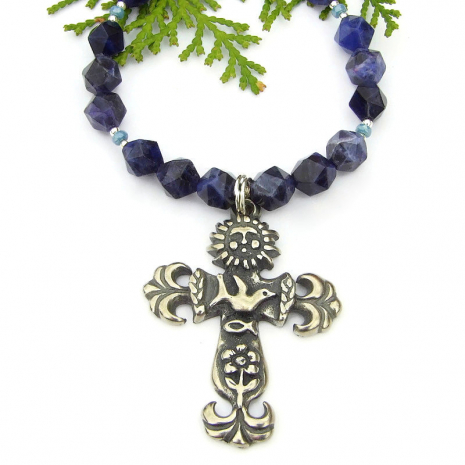 pewter earth cross necklace star faceted sodalite gemstones jewelry gift