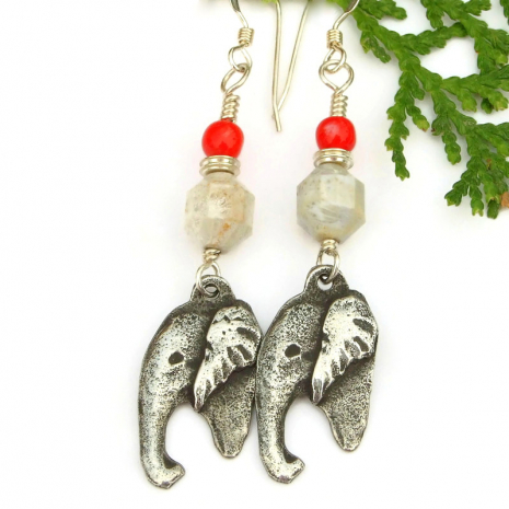 pewter elephant head earrings handmade fossil jasper red coral