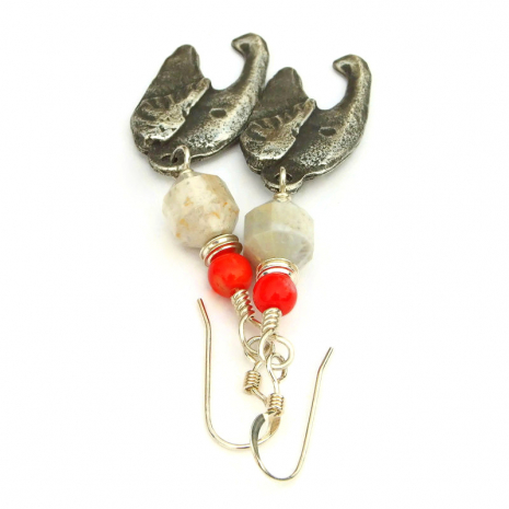 pewter elephant head jewelry handmade fossil jasper red coral