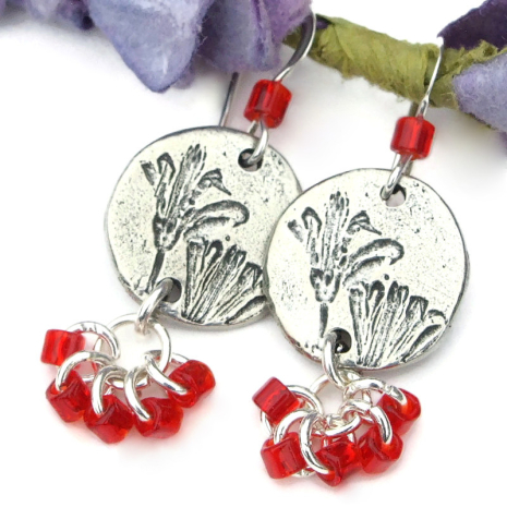 pewter flowers earrings handmade red beads rain lily flower lover